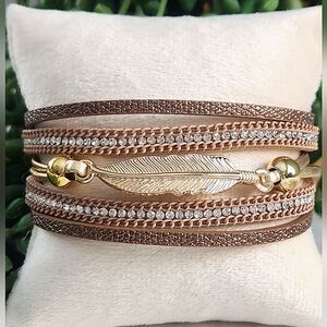 New Ryze Women's Brown & Gold Feather Vegan Leather Magnetic Wrap Bracelet